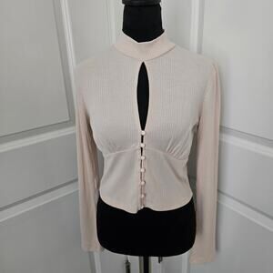 NWT Women's Forever 21 Beige Ribbed Keyhole Neck Button Cut Out Knit Top Size L